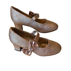 Girls Rose Gold Glitter Holiday  Heels Mary Jane Bow Dress Shoes Size 2